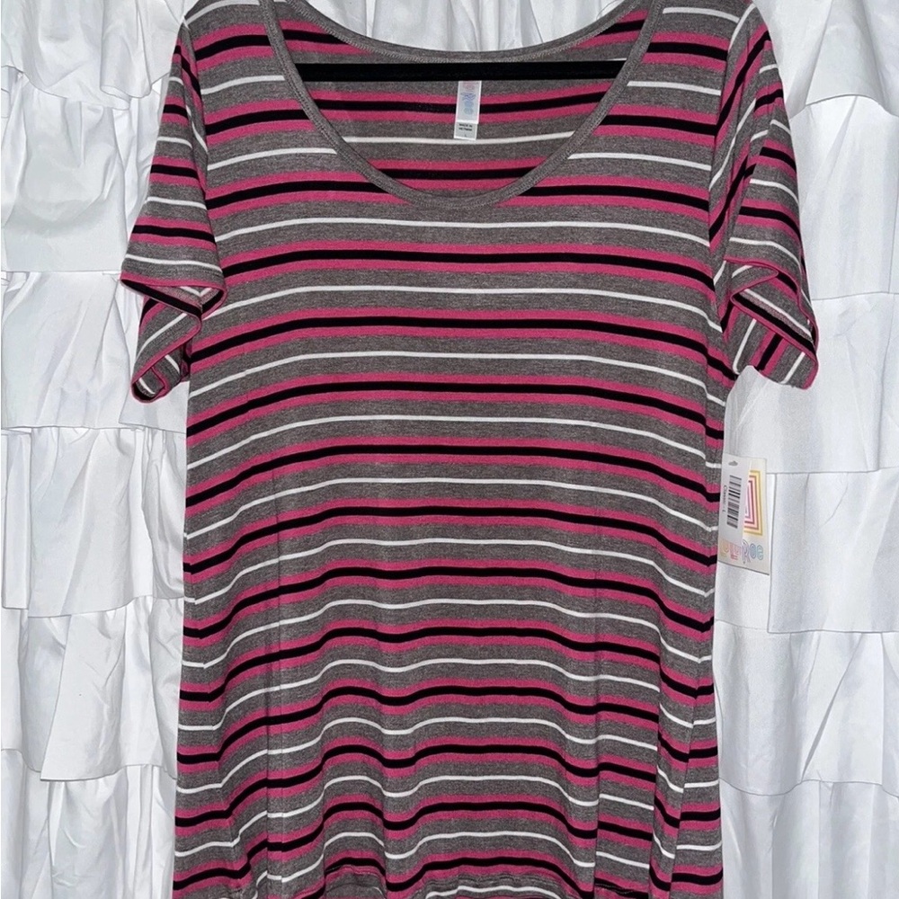 LuLaRoe Classic Tee Pink and Gray Striped Short Sleeve Top